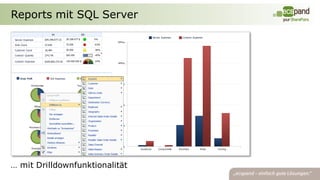 Reports mit SQL Server
                                                       Service Expenses   Contract Expenses
 Service Expenses

 SLAs Count

 Customer Count

 Contract Quantity

 Contract Expenses




     Gross Profit    SLA Expenses   Service Expenses
                                    S




… mit Drilldownfunktionalität
 