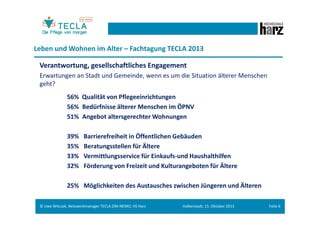 Leben und Wohnen im Alter – Fachtagung TECLA 2013
Zielgruppe „Senioren“
keine eindeutige Zielgruppenbestimmung !!!
Wird die Altersgrenze des Vorruhestandes 50plus als ein erstes Zuordnungskriterium
für die „Senioren“ angenommen und die durchschnittliche Lebensdauer von ca. 83
Jahren berücksichtigt, handelt es sich bei der 50plus Generation um die längste aller
Lebensetappen.
Schon allein aus diesem Grunde kann bei „Senioren“marketing keine eindeutige
Zielgruppenbestimmung erfolgen.
Die sehr breite Altersspanne der „Senioren“ und deren Heterogenität schränkt die
Bewertung der Generation 50plus als eine Zielgruppe erheblich ein.

© Uwe Witczak, Netzwerkmanager TECLA ZIM-NEMO, HS Harz

Halberstadt, 15. Oktober 2013

Folie 5

 