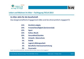 Leben und Wohnen im Alter – Fachtagung TECLA 2013
Generationen-Marketing
...bezeichnet die Planung, Koordination und Kontrolle aller auf den Absatzmarkt
ausgerichteten Unternehmensaktivitäten mit dem Zweck einer dauerhaften
Befriedigung der Kundenbedürfnisse unterschiedlicher Altersgruppen unter
Berücksichtigung der besonderen Bedürfnisse älterer Kunden.
„Design for all“
...sollte das Motto für die Produkt- und Dienstleistungsentwickler sein,
denn von vielen „seniorengerechten“ technischen Lösungen profitieren nicht
immer nur ältere Menschen. Es sollte daher nicht das Ziel sein, spezielle
„Senioren“produkte bzw. –dienstleistungen zu entwickeln, sondern solche, die
auch die Bedürfnisse der älterer Menschen berücksichtigen.

© Uwe Witczak, Netzwerkmanager TECLA ZIM-NEMO, HS Harz

Halberstadt, 15. Oktober 2013

Folie 7

 