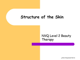 Clare Hargreaves-Norris
Structure of the Skin
NVQ Level 2 Beauty
Therapy
 