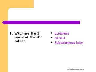 ©Clare Hargreaves-Norris
1. What are the 3
layers of the skin
called?
 Epidermis
 Dermis
 Subcutaneous layer
 