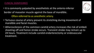 CLINICAL SIGNIFICANCE
• It is commonly palpated by anesthetists at the anterio-inferior
border of masseter muscle against the base of mandible.
Often referred to as anesthetic artery.
• Tortuous course of artery prevent its stretching during movement of
mandible and facial muscles.
• Atherosclerosis of the common carotid artery increases the risk of emboli
shooting off and hence stroke occurs. Transient stroke may remain up to
24 hours. Treatment include carotid endarterectomy or endovascular
treatment.
14/16
 