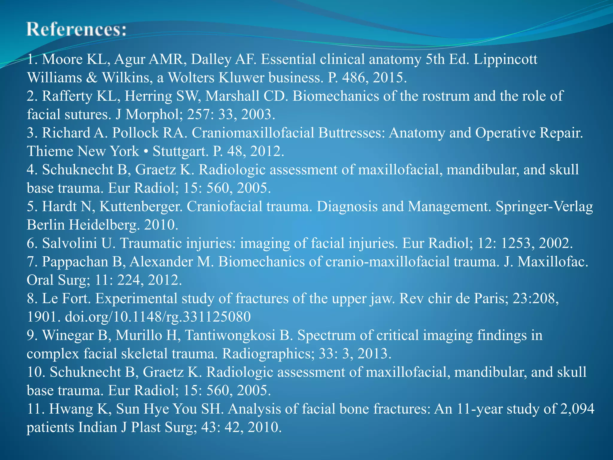 1. Moore KL, Agur AMR, Dalley AF. Essential clinical anatomy 5th Ed. Lippincott
Williams & Wilkins, a Wolters Kluwer business. P. 486, 2015.
2. Rafferty KL, Herring SW, Marshall CD. Biomechanics of the rostrum and the role of
facial sutures. J Morphol; 257: 33, 2003.
3. Richard A. Pollock RA. Craniomaxillofacial Buttresses: Anatomy and Operative Repair.
Thieme New York • Stuttgart. P. 48, 2012.
4. Schuknecht B, Graetz K. Radiologic assessment of maxillofacial, mandibular, and skull
base trauma. Eur Radiol; 15: 560, 2005.
5. Hardt N, Kuttenberger. Craniofacial trauma. Diagnosis and Management. Springer-Verlag
Berlin Heidelberg. 2010.
6. Salvolini U. Traumatic injuries: imaging of facial injuries. Eur Radiol; 12: 1253, 2002.
7. Pappachan B, Alexander M. Biomechanics of cranio-maxillofacial trauma. J. Maxillofac.
Oral Surg; 11: 224, 2012.
8. Le Fort. Experimental study of fractures of the upper jaw. Rev chir de Paris; 23:208,
1901. doi.org/10.1148/rg.331125080
9. Winegar B, Murillo H, Tantiwongkosi B. Spectrum of critical imaging findings in
complex facial skeletal trauma. Radiographics; 33: 3, 2013.
10. Schuknecht B, Graetz K. Radiologic assessment of maxillofacial, mandibular, and skull
base trauma. Eur Radiol; 15: 560, 2005.
11. Hwang K, Sun Hye You SH. Analysis of facial bone fractures: An 11-year study of 2,094
patients Indian J Plast Surg; 43: 42, 2010.
 