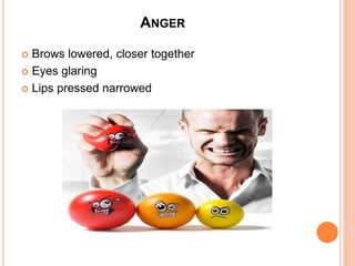 ANGER
 Brows lowered, closer together
 Eyes glaring
 Lips pressed narrowed
 