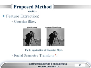 LOGO15
Proposed Method
contd…
COMPUTER SCIENCE & ENGINEERING
KHULNA UNIVERSITY
 Feature Extraction:
• Gaussian filter.
• Radial Symmetry Transform ∗.
Fig 5: application of Gaussian filter.
 