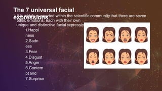 The 7 universal facial
expressionsIt is widely supported within the scientific community that there are seven
basic emotions, each with their own
unique and distinctive facial expressions.
1.Happi
ness
2.Sadn
ess
3.Fear
4.Disgust
5.Anger
6.Contem
pt and
7.Surprise
.
 