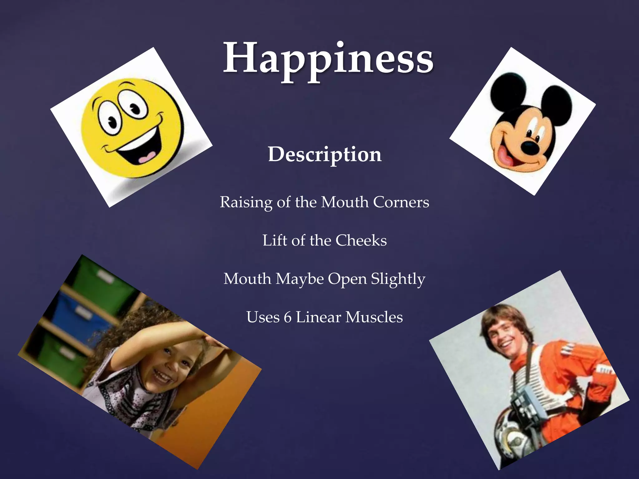 Happiness
Description
Raising of the Mouth Corners
Lift of the Cheeks
Mouth Maybe Open Slightly
Uses 6 Linear Muscles
 