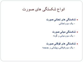 ‫صورت‬ ‫های‬ ‫شکستگی‬ ‫انواع‬
‫صورت‬ ‫تحتانی‬ ‫های‬ ‫شکستگی‬
‫تحتانی‬ ‫سوم‬ ‫یک‬
‫صورت‬ ‫میانی‬ ‫شکستگی‬
‫گونه‬ ‫و‬ ‫میانی‬ ‫سوم‬ ‫یک‬
‫صورت‬ ‫فوقانی‬ ‫های‬ ‫شکستگی‬
‫جمجمه‬ ‫و‬ ‫وپیشانی‬ ‫فوقانی‬ ‫سوم‬ ‫یک‬
 