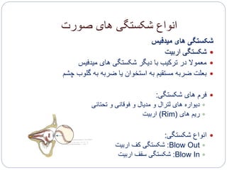 ‫صورت‬ ‫های‬ ‫شکستگی‬ ‫انواع‬
‫میدفیس‬ ‫های‬ ‫شکستگی‬
‫اربیت‬ ‫شکستگی‬
‫میدفیس‬ ‫های‬ ‫شکستگی‬ ‫دیگر‬ ‫با‬ ‫ترکیب‬ ‫در‬ ‫معموال‬
‫چشم‬ ‫گلوب‬ ‫به‬ ‫ضربه‬ ‫یا‬ ‫استخوان‬ ‫به‬ ‫مستقیم‬ ‫ضربه‬ ‫بعلت‬
‫شکستگی‬ ‫های‬ ‫فرم‬:
‫تحتانی‬ ‫و‬ ‫فوقانی‬ ‫و‬ ‫مدیال‬ ‫و‬ ‫لترال‬ ‫های‬ ‫دیواره‬
‫های‬ ‫ریم‬(Rim)‫اربیت‬
‫شکستگی‬ ‫انواع‬:
Blow Out:‫اربیت‬ ‫کف‬ ‫شکستگی‬
Blow In:‫اربیت‬ ‫سقف‬ ‫شکستگی‬
 