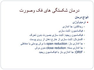 ‫وصورت‬ ‫فک‬ ‫های‬ ‫شکستگی‬ ‫درمان‬
‫درمان‬ ‫انواع‬
‫ترمینولوژی‬
‫ریداکشن‬:‫اندازی‬ ‫جا‬
‫فیکساسیون‬:‫سازی‬ ‫ثابت‬
‫ریجید‬ ‫فیکساسیون‬:‫تحرک‬ ‫بدون‬ ‫بصورت‬ ‫سازی‬ ‫ثابت‬
‫اکسترنال‬:‫پوست‬ ‫روی‬ ‫از‬ ‫دهان‬ ‫خارج‬ ‫از‬ ‫سازی‬ ‫ثابت‬
‫باز‬ ‫اندازی‬ ‫جا‬:open reduction‫مخاطی‬ ‫یا‬ ‫پوستی‬ ‫برش‬ ‫با‬
‫بسته‬ ‫اندازی‬ ‫جا‬:close redution‫برش‬ ‫بدون‬
ORIF:‫ریجید‬ ‫فیکساسیون‬ ‫با‬ ‫باز‬ ‫اندازی‬ ‫جا‬
 