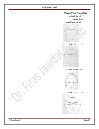 ‫الوجه‬ ‫عظام‬ ‫كسور‬
Dr. firas Kassab Page 81
) +‫اىَفرىحح‬ ‫تاىطشٌقح‬ ‫اىنسش‬ ‫سد‬:
ُ‫ح‬ )**َ‫ٔيحه‬ُ‫ح‬: ‫ـَحك٤ش‬
1-: ٢‫هخٍؿ‬ َ‫ٓيه‬
-‫حُظِٔهخص‬‫حَُٟ٤ش‬‫حُٔٞؿٞىس‬:
-‫ر‬ ‫ٗن‬ٌَ٘‫كَف‬H:
-‫ٗن‬‫ح٫ًِ٤ِ٤ش‬Bicoronal:
-‫ٗن‬ٌَ٘‫ر‬‫كَف‬W:
 