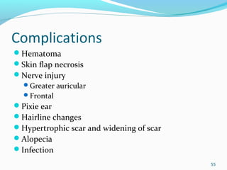 Complications
Hematoma
Skin flap necrosis
Nerve injury
Greater auricular
Frontal
Pixie ear
Hairline changes
Hypertrophic scar and widening of scar
Alopecia
Infection
55
 