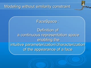Modeling without similarity constraintModeling without similarity constraint
FaceSpace :FaceSpace :
Definition ofDefinition of
a continuous representation spacea continuous representation space
enabling theenabling the
intuitive parameterization/characterizationintuitive parameterization/characterization
of the appearance of a faceof the appearance of a face
 