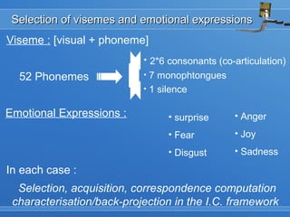 Selection of visemes and emotional expressionsSelection of visemes and emotional expressions
Viseme : [visual + phoneme]
52 Phonemes
• 2*6 consonants (co-articulation)
• 7 monophtongues
• 1 silence
Emotional Expressions : • surprise
• Fear
• Disgust
• Anger
• Joy
• Sadness
Selection, acquisition, correspondence computation
characterisation/back-projection in the I.C. framework
In each case :
 