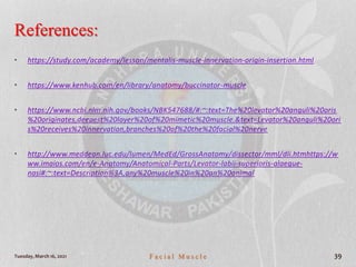 References:
• https://study.com/academy/lesson/mentalis-muscle-innervation-origin-insertion.html
• https://www.kenhub.com/en/library/anatomy/buccinator-muscle
• https://www.ncbi.nlm.nih.gov/books/NBK547688/#:~:text=The%20levator%20anguli%20oris
%20originates,deepest%20layer%20of%20mimetic%20muscle.&text=Levator%20anguli%20ori
s%20receives%20innervation,branches%20of%20the%20facial%20nerve
• http://www.meddean.luc.edu/lumen/MedEd/GrossAnatomy/dissector/mml/dli.htmhttps://w
ww.imaios.com/en/e-Anatomy/Anatomical-Parts/Levator-labii-superioris-alaeque-
nasi#:~:text=Description%3A,any%20muscle%20in%20an%20animal
Tuesday, March 16, 2021 F a c i a l M u s c l e 39
 