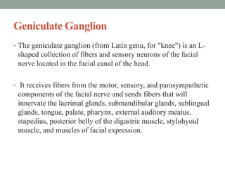 Geniculate Ganglion
• The geniculate ganglion (from Latin genu, for "knee") is an L-
shaped collection of fibers and sensory neurons of the facial
nerve located in the facial canal of the head.
• It receives fibers from the motor, sensory, and parasympathetic
components of the facial nerve and sends fibers that will
innervate the lacrimal glands, submandibular glands, sublingual
glands, tongue, palate, pharynx, external auditory meatus,
stapedius, posterior belly of the digastric muscle, stylohyoid
muscle, and muscles of facial expression.
 