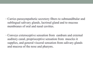 • Carries parasympathetic secretory fibers to submandibular and
sublingual salivary glands, lacrimal gland and to mucous
membranes of oral and nasal cavities.
• Conveys exteroceptive sensation from eardrum and external
auditory canal, proprioceptive sensation from muscles it
supplies, and general visceral sensation from salivary glands
and mucosa of the nose and pharynx.
 