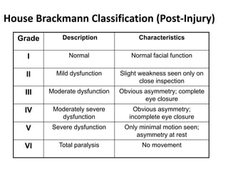 Grade Description Characteristics
I Normal Normal facial function
II Mild dysfunction Slight weakness seen only on
close inspection
III Moderate dysfunction Obvious asymmetry; complete
eye closure
IV Moderately severe
dysfunction
Obvious asymmetry;
incomplete eye closure
V Severe dysfunction Only minimal motion seen;
asymmetry at rest
VI Total paralysis No movement
House Brackmann Classification (Post-Injury)
 