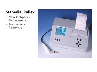 Stapedial Reflex
• Nerve to Stapedius
Muscle Assessed
• Psychoacoustic
Audiometry
 
