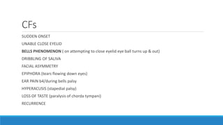 CFs
SUDDEN ONSET
UNABLE CLOSE EYELID
BELLS PHENOMENON ( on attempting to close eyelid eye ball turns up & out)
DRIBBLING OF SALIVA
FACIAL ASYMMETRY
EPIPHORA (tears flowing down eyes)
EAR PAIN b4/during bells palsy
HYPERACUSIS (stapedial palsy)
LOSS OF TASTE (paralysis of chorda tympani)
RECURRENCE
 