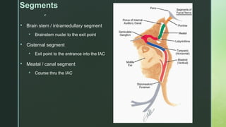 
Segments
 Brain stem / intramedullary segment
 Brainstem nuclei to the exit point
 Cisternal segment
 Exit point to the entrance into the IAC
 Meatal / canal segment
 Course thru the IAC
 