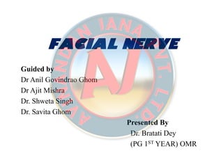FACIAL NERVE
Guided by
Dr Anil Govindrao Ghom
Dr Ajit Mishra
Dr. Shweta Singh
Dr. Savita Ghom
Presented By
Dr. Bratati Dey
(PG 1ST YEAR) OMR
 
