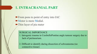 1. INTRACRANIAL PART
From pons to point of entry into IAC
Motor is more Medial.
Thin layer of pia mater
SURGICAL IMPORTANCE
1. Iatrogenic trauma in CerebelloPontine angle tumour surgery due to
lack of perineurium.
2. Difficult to identify during dissection of schwannoma (no
connective tissue)
 