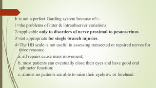 It is not a perfect Garding system because of::-
1>the problems of inter & intraobserver variations
2>applicable only to disorders of nerve proximal to pesanserinus
3>not appropriate for single branch injuries.
4>The HB scale is not useful in assessing transected or repaired nerves for
three reasons:
a. all repairs cause mass movement;
b. most patients can eventually close their eyes and have good oral
sphincter function;
c. almost no patients arc able to raise their eyebrow or forehead.
 