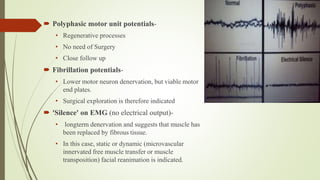  Polyphasic motor unit potentials-
• Regenerative processes
• No need of Surgery
• Close follow up
 Fibrillation potentials-
• Lower motor neuron denervation, but viable motor
end plates.
• Surgical exploration is therefore indicated
 'Silence' on EMG (no electrical output)-
• longterm denervation and suggests that muscle has
been replaced by fibrous tissue.
• In this case, static or dynamic (microvascular
innervated free muscle transfer or muscle
transposition) facial reanimation is indicated.
 