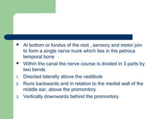 At bottom or fundus of the root , sensory and motor join
to form a single nerve trunk which lies in the petrous
temporal bone
 Within the canal the nerve course is divided in 3 parts by
two bends
1. Directed laterally above the vestibule
2. Runs backwards and in relation to the medial wall of the
middle ear, above the promontory
3. Vertically downwards behind the promontory
 
