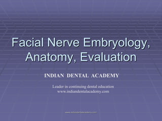 Facial Nerve Embryology,
Anatomy, Evaluation
INDIAN DENTAL ACADEMY
Leader in continuing dental education
www.indiandentalacademy.com
www.indiandentalacademy.com
 