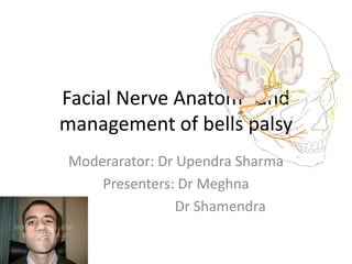 Facial Nerve Anatomy and
management of bells palsy
Moderarator: Dr Upendra Sharma
Presenters: Dr Meghna
Dr Shamendra
 