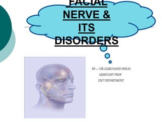 FACIAL
NERVE &
ITS
DISORDERS
BY—DR GURCHAND SINGH
ASSISTANT PROF
ENT DEPARTMENT
 