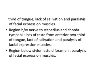 third of tongue, lack of salivation and paralayis
of facial expression muscles.
• Region b/w nerve to stapedius and chorda
tympani : loss of taste from anterior two-third
of tongue, lack of salivation and paralysis of
facial expression muscles.
• Region below stylomastoid foramen : paralysis
of facial expression muscles.
 