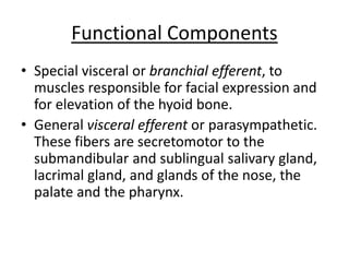 Functional Components
• Special visceral or branchial efferent, to
muscles responsible for facial expression and
for elevation of the hyoid bone.
• General visceral efferent or parasympathetic.
These fibers are secretomotor to the
submandibular and sublingual salivary gland,
lacrimal gland, and glands of the nose, the
palate and the pharynx.
 