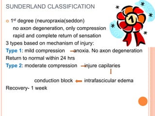 SUNDERLAND CLASSIFICATION
 1st degree (neuropraxia(seddon)
no axon degeneration, only compression
rapid and complete return of sensation
3 types based on mechanism of injury:
Type 1: mild compression anoxia. No axon degeneration
Return to normal within 24 hrs
Type 2: moderate compression injure capilaries
conduction block intrafascicular edema
Recovery- 1 week
 