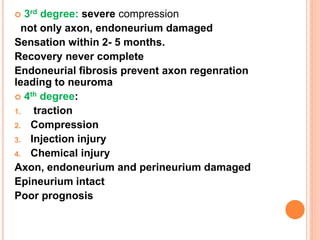 3rd degree: severe compression
not only axon, endoneurium damaged
Sensation within 2- 5 months.
Recovery never complete
Endoneurial fibrosis prevent axon regenration
leading to neuroma
 4th degree:
1. traction
2. Compression
3. Injection injury
4. Chemical injury
Axon, endoneurium and perineurium damaged
Epineurium intact
Poor prognosis
 