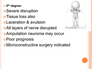  5th degree:
Severe disruption
Tissue loss also
Laceration & avulsion
All layers of nerve disrupted
Amputation neuroma may occur
Poor prognosis
Microconstructive surgery indicated
 