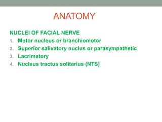 ANATOMY
NUCLEI OF FACIAL NERVE
1. Motor nucleus or branchiomotor
2. Superior salivatory nuclus or parasympathetic
3. Lacrimatory
4. Nucleus tractus solitarius (NTS)
 