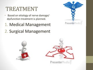 TREATMENT
• Based on etiology of nerve damage/
dysfunction treatment is planned.
1. Medical Management
2. Surgical Management
 