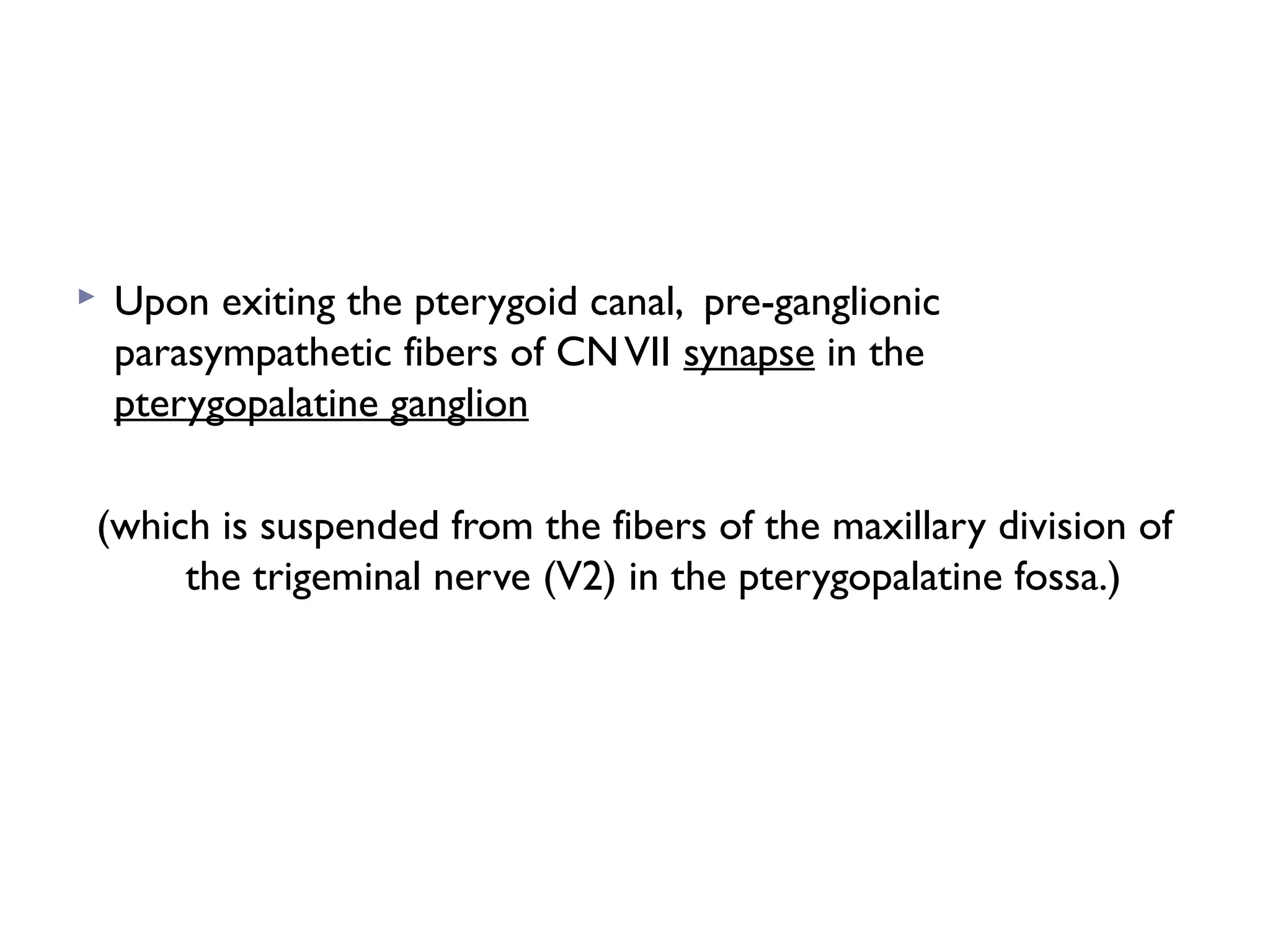  Upon exiting the pterygoid canal, pre-ganglionic
parasympathetic fibers of CNVII synapse in the
pterygopalatine ganglion
(which is suspended from the fibers of the maxillary division of
the trigeminal nerve (V2) in the pterygopalatine fossa.)
 