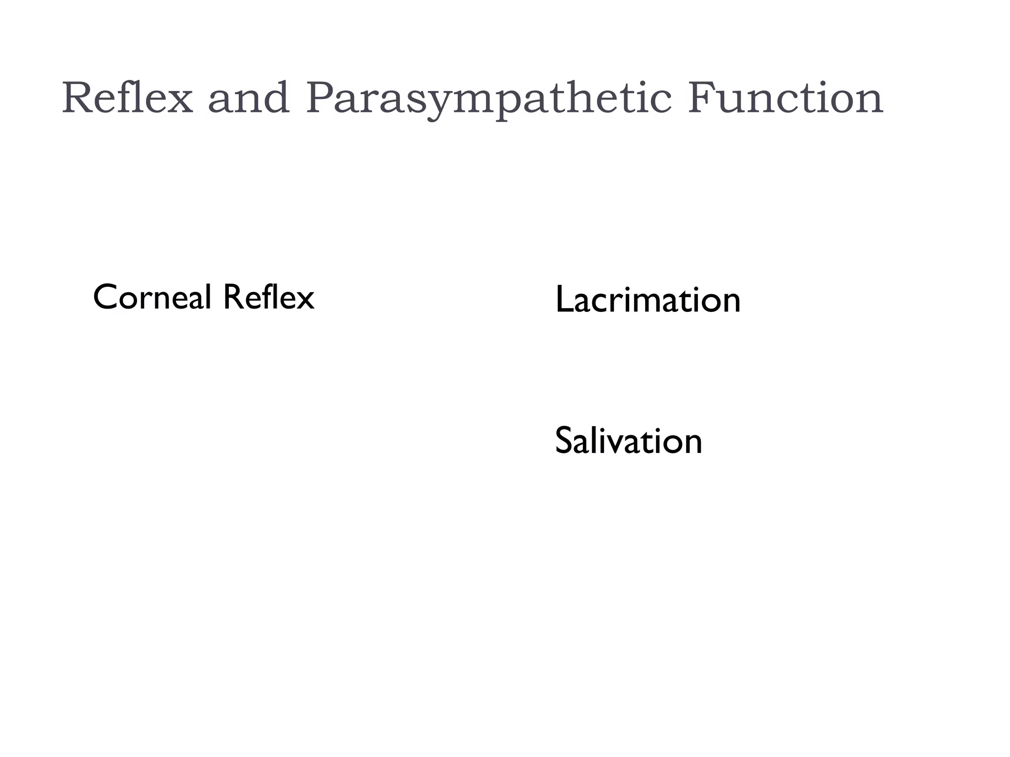 Reflex and Parasympathetic Function
Corneal Reflex Lacrimation
Salivation
 
