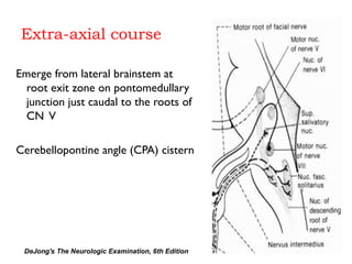 Extra-axial course
Emerge from lateral brainstem at
root exit zone on pontomedullary
junction just caudal to the roots of
CN V
Cerebellopontine angle (CPA) cistern
DeJong's The Neurologic Examination, 6th Edition
 