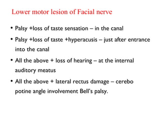 Lower motor lesion of Facial nerve
• Palsy +loss of taste sensation – in the canal
• Palsy +loss of taste +hyperacusis – just after entrance
into the canal
• All the above + loss of hearing – at the internal
auditory meatus
• All the above + lateral rectus damage – cerebo
potine angle involvement Bell’s palsy.
 