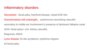 Inflammatory disorders
Sarcoidosis : facial palsy, heerfordt disease, raised ACE titre
Granulomatosis with polyangitis : autoimmune necrotizing vasculitis
secondary to middle ear involvement in presence of dehiscent fallopian canal
Snhl+ facial palsy+ urti+ kidney vasculitis
Diagnosis- ANCA
Lyme disease- flu like symptoms, erythema migrans
b/l facial palsy
 