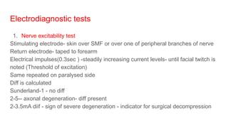 Electrodiagnostic tests
1. Nerve excitability test
Stimulating electrode- skin over SMF or over one of peripheral branches of nerve
Return electrode- taped to forearm
Electrical impulses(0.3sec ) -steadily increasing current levels- until facial twitch is
noted (Threshold of excitation)
Same repeated on paralysed side
Diff is calculated
Sunderland-1 - no diff
2-5-- axonal degeneration- diff present
2-3.5mA diif - sign of severe degeneration - indicator for surgical decompression
 