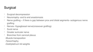 Surgical
- Surgical decompression
- Neurorraphy- end to end anastomosis
- Nerve grafting – if there is gap between prox and distal segments- autogenous nerve
grafting
- Nerves- Hypoglossal nerve(crossover grafting)
- Sural nerve
- Greater auricular nerve
- Branches from cervical plexus
-Muscle transposition
-Tarsorrhaphy
-Gold/platinum lid weights
 
