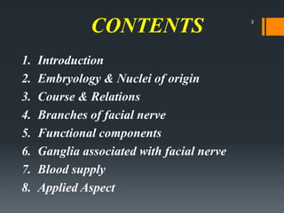 1. Introduction
2. Embryology & Nuclei of origin
3. Course & Relations
4. Branches of facial nerve
5. Functional components
6. Ganglia associated with facial nerve
7. Blood supply
8. Applied Aspect
CONTENTS 3
 