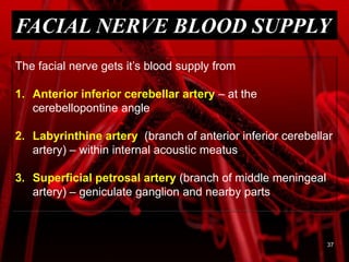 FACIAL NERVE BLOOD SUPPLY
The facial nerve gets it’s blood supply from
1. Anterior inferior cerebellar artery – at the
cerebellopontine angle
2. Labyrinthine artery (branch of anterior inferior cerebellar
artery) – within internal acoustic meatus
3. Superficial petrosal artery (branch of middle meningeal
artery) – geniculate ganglion and nearby parts
37
 