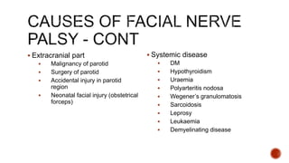  Extracranial part
 Malignancy of parotid
 Surgery of parotid
 Accidental injury in parotid
region
 Neonatal facial injury (obstetrical
forceps)
 Systemic disease
 DM
 Hypothyroidism
 Uraemia
 Polyarteritis nodosa
 Wegener’s granulomatosis
 Sarcoidosis
 Leprosy
 Leukaemia
 Demyelinating disease
 